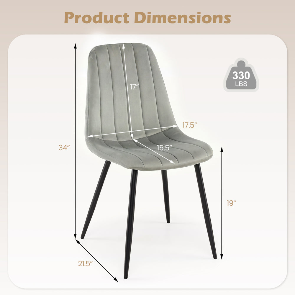 Gray upholstered dining chair with sturdy metal legs, ergonomic design, and dimensions for comfortable seating.