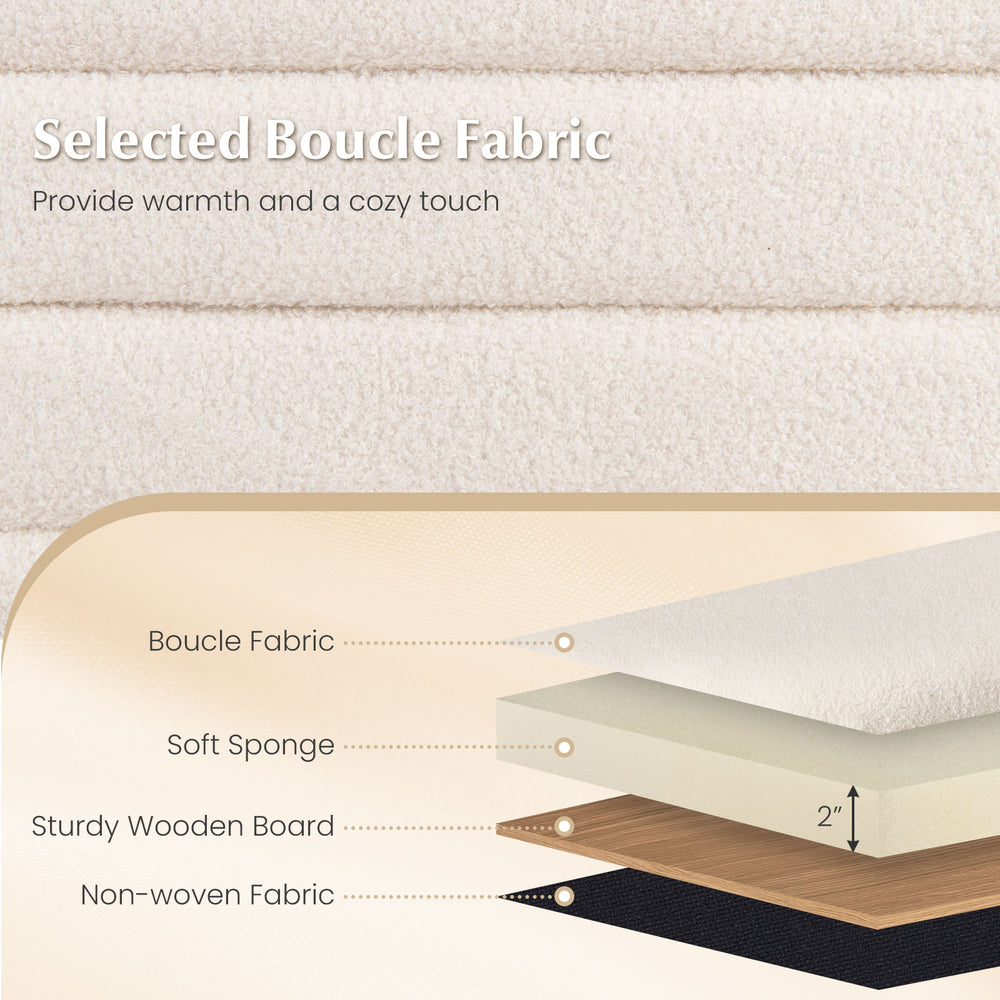 Close-up of selected boucle fabric on the upholstered storage ottoman bench, providing warmth and comfort for any room.