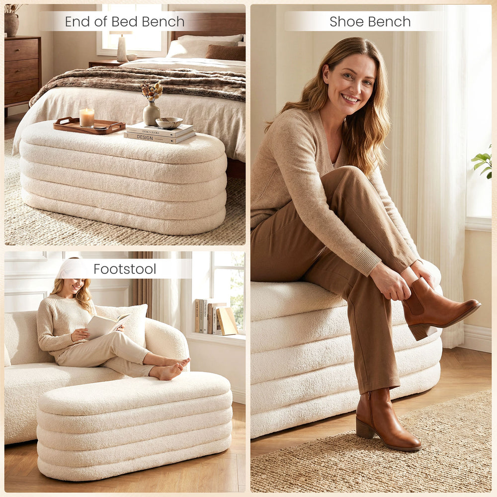 Upholstered fabric storage ottoman bench in white, featuring a lift-top lid for clutter-free storage, ideal for bedroom.