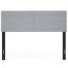 Gray upholstered headboard for queen/full size bed, featuring vertical quilted linen fabric and sturdy plywood legs.