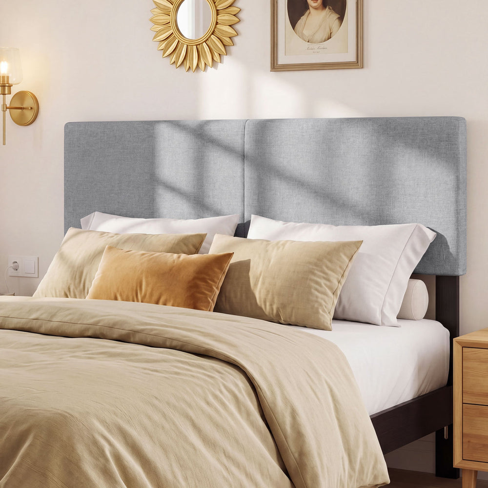 Gray upholstered headboard for queen/full size bed, featuring vertical quilted linen fabric and soft sponge cushioning.