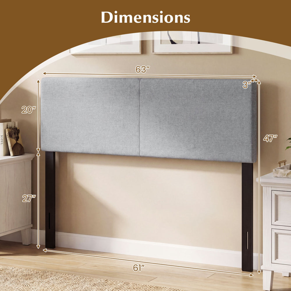 Gray upholstered headboard with vertical quilted design, dimensions 63"x47", adjustable for queen/full size bed.