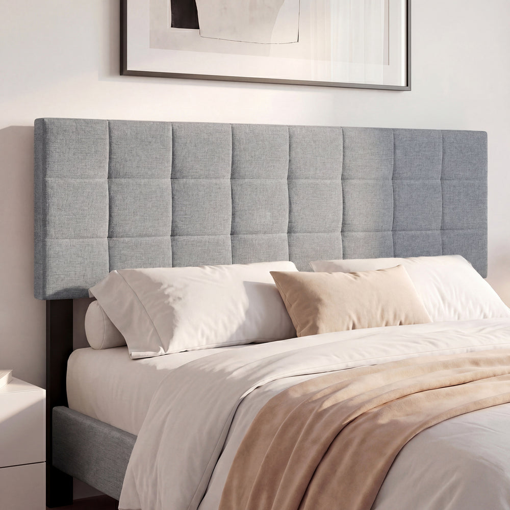 Upholstered Headboard Queen/Full Size Quilted Grid Linen Fabric Bed Frame Mount Panel-Gray - Gallery View 1 of 10
