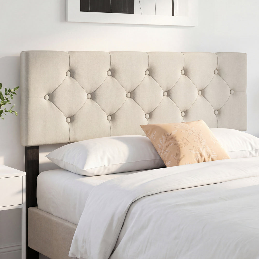 Upholstered Headboard Queen/Full Size Tufted Linen Fabric Bed Frame Mount Panel-Beige - Gallery View 1 of 10