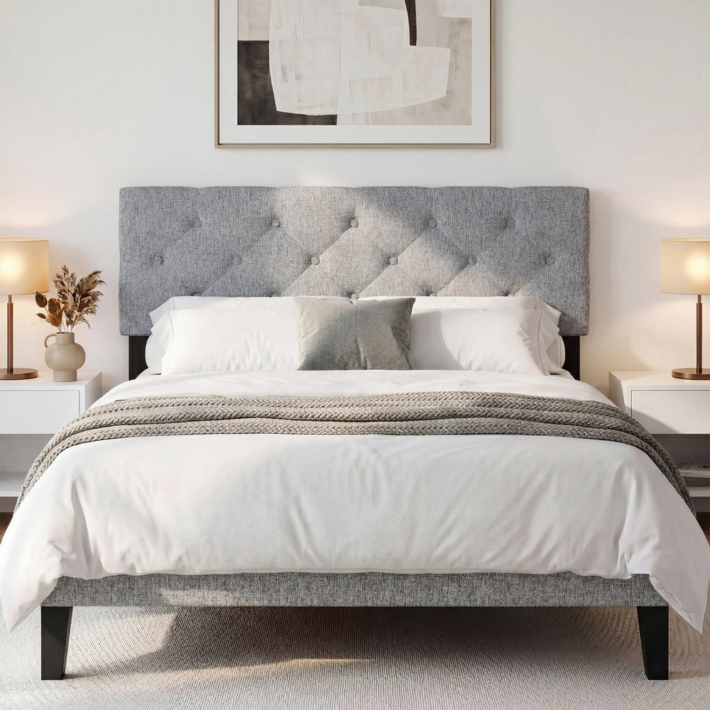 Tufted gray upholstered headboard for queen/full size bed, featuring soft cushioning and modern design for stylish.