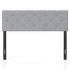 Tufted gray upholstered headboard for queen/full size bed with solid plywood legs, featuring adjustable width options.