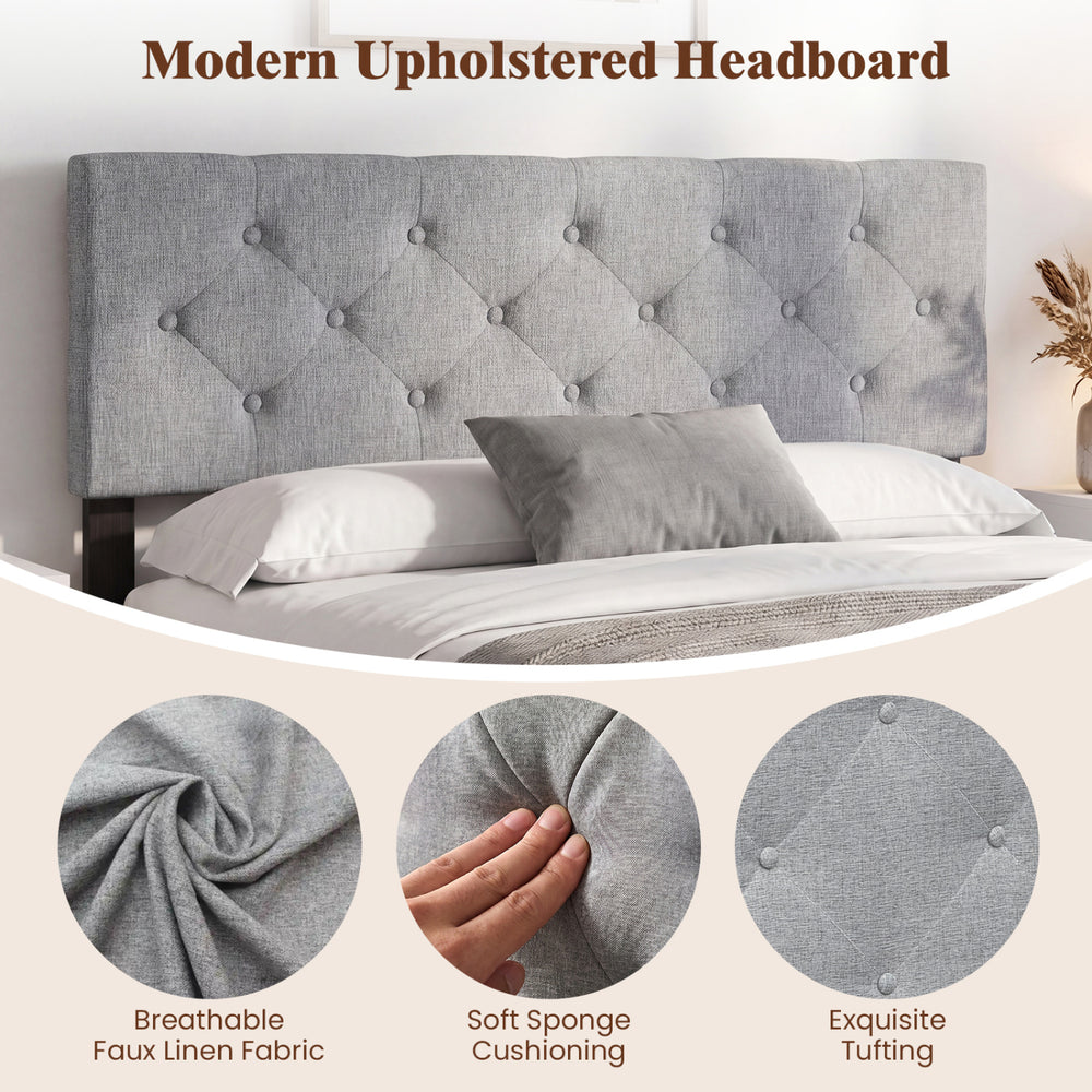 Modern tufted upholstered headboard in gray faux linen fabric with soft sponge cushioning for queen/full size beds.