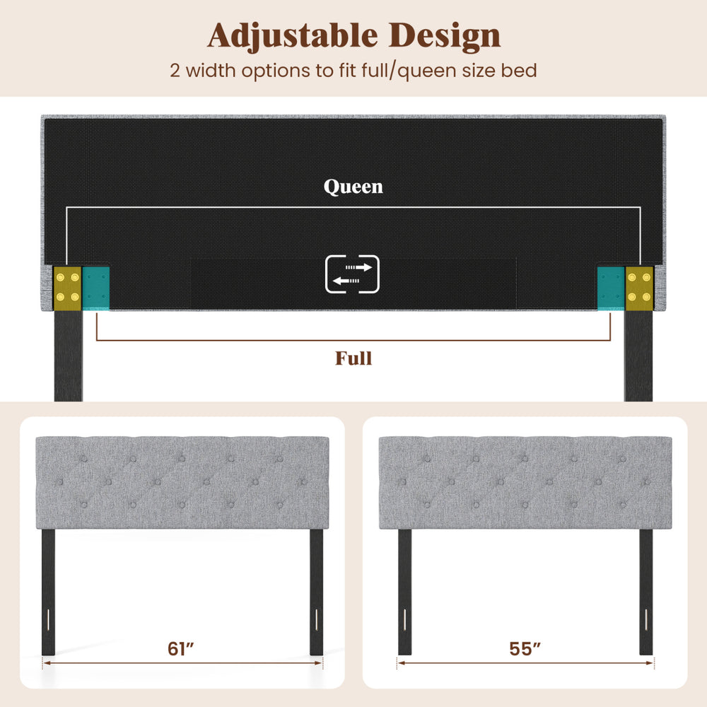 Adjustable gray upholstered headboard with tufting for full/queen size beds, showcasing width options and sturdy design.