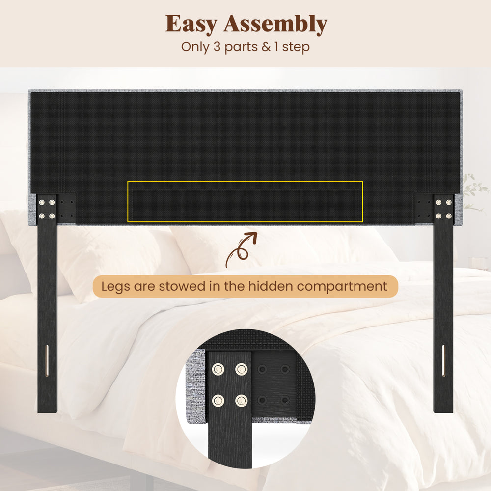 Tufted gray upholstered headboard with hidden leg storage, designed for easy assembly and adjustable for full/queen.