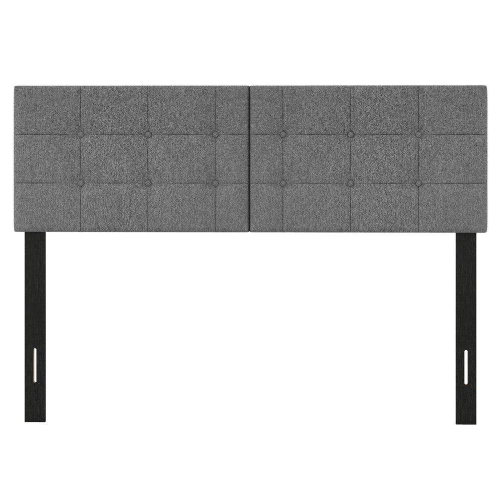 Upholstered headboard with adjustable width, featuring vertical channel tufting and solid rubber wood legs for enhanced stability.