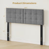 Upholstered headboard with adjustable width, showcasing product dimensions for easy fitting on full and queen size beds.