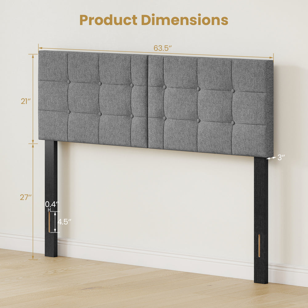 Upholstered headboard with adjustable width, showcasing product dimensions for easy fitting on full and queen size beds.