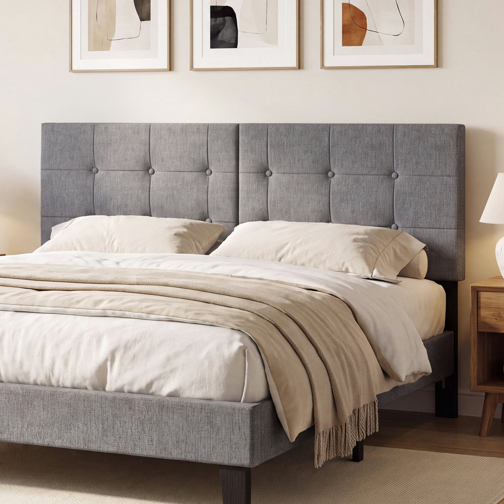 Upholstered headboard with adjustable width, featuring breathable linen upholstery and modern vertical channel tufting.