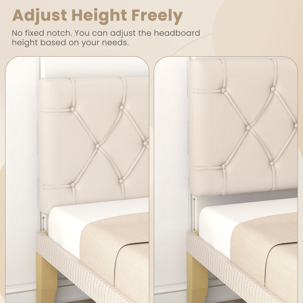 Adjustable upholstered headboard in beige with button tufted design, perfect for twin size beds and customizable height.