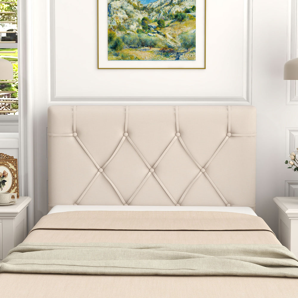 Beige upholstered headboard for twin bed showcasing elegant button tufting and soft fabric for stylish comfort and.