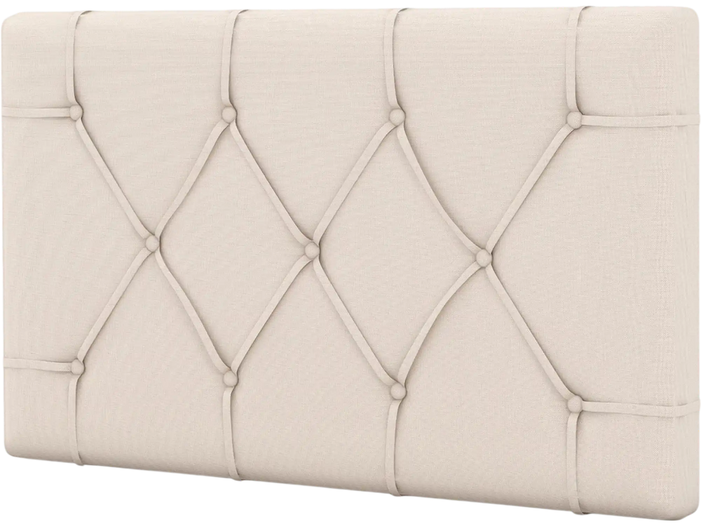 Beige upholstered headboard for twin size bed with button tufted design, adjustable height, and sturdy MDF frame.