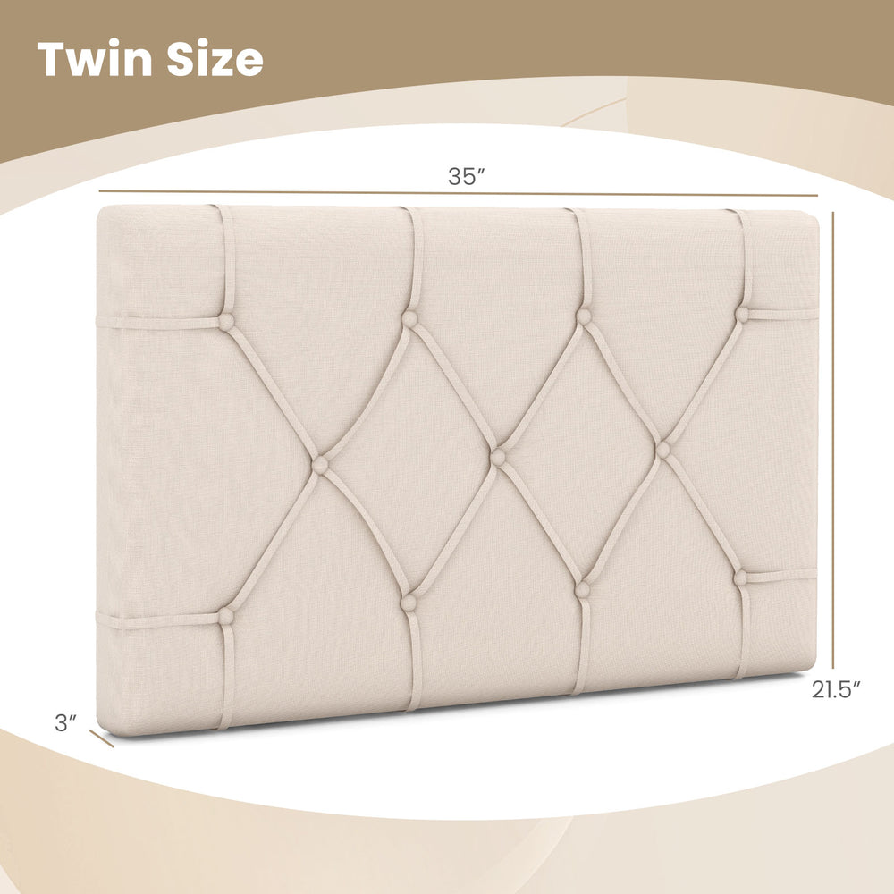 Beige upholstered headboard for twin size bed, featuring button tufting and adjustable height for modern bedroom decor.