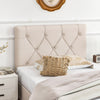 Beige upholstered headboard with button tufting, adjustable height, designed for twin size bed, adds elegance to any.
