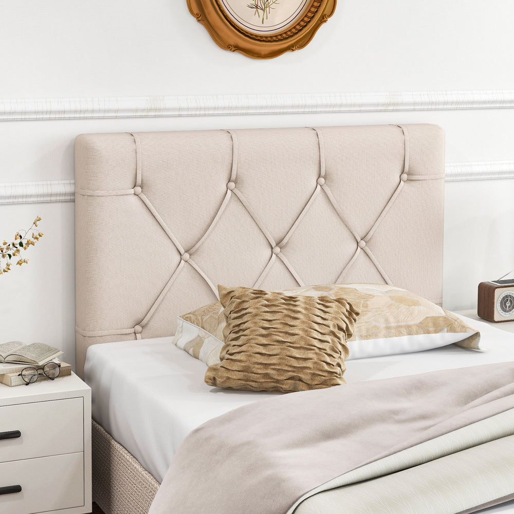 Beige upholstered headboard with button tufting, adjustable height, designed for twin size bed, adds elegance to any.