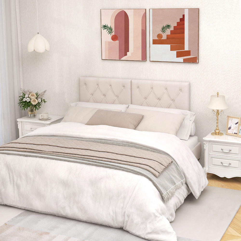 Upholstered headboard in beige for twin size bed with button tufted design, providing comfort and modern elegance.