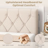 Beige upholstered headboard with button tufted design, adjustable height, and sturdy MDF frame for twin size bed.