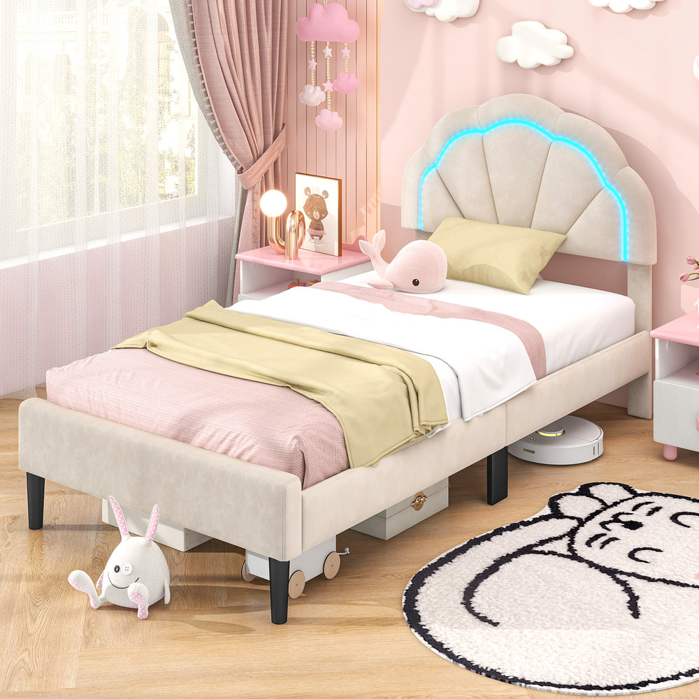 Upholstered LED Bed Frame with Adjustable Flower Headboard and Metal Support Feet-Twin Size - Gallery View 1 of 10