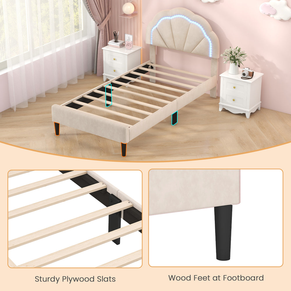 Upholstered LED bed frame with adjustable flower headboard, sturdy plywood slats, and metal support feet for twin size.