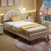 Upholstered twin bed frame with adjustable flower headboard, LED lights, and metal support feet for stylish bedroom.