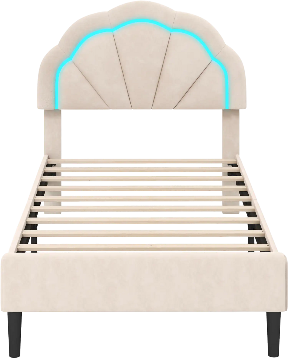 Upholstered twin bed frame with adjustable flower headboard, LED lights, and sturdy metal support feet for stylish.