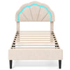 Upholstered LED twin bed frame with adjustable flower headboard, featuring a soft velvet surface and sturdy metal.