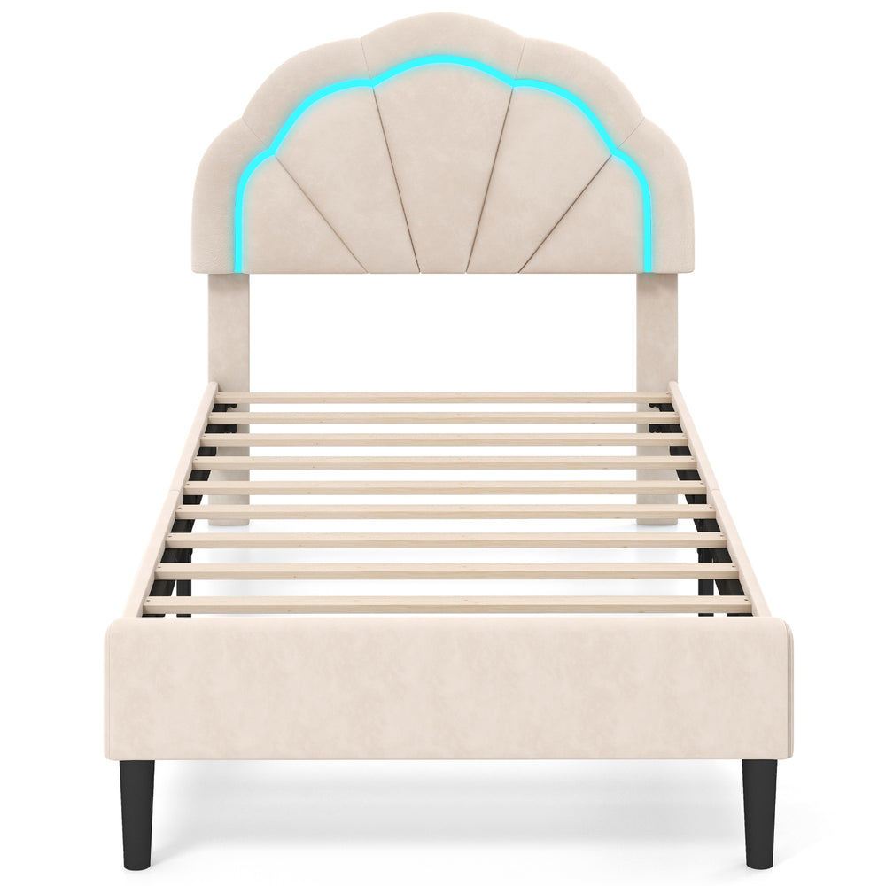 Upholstered LED twin bed frame with adjustable flower headboard, featuring a soft velvet surface and sturdy metal.