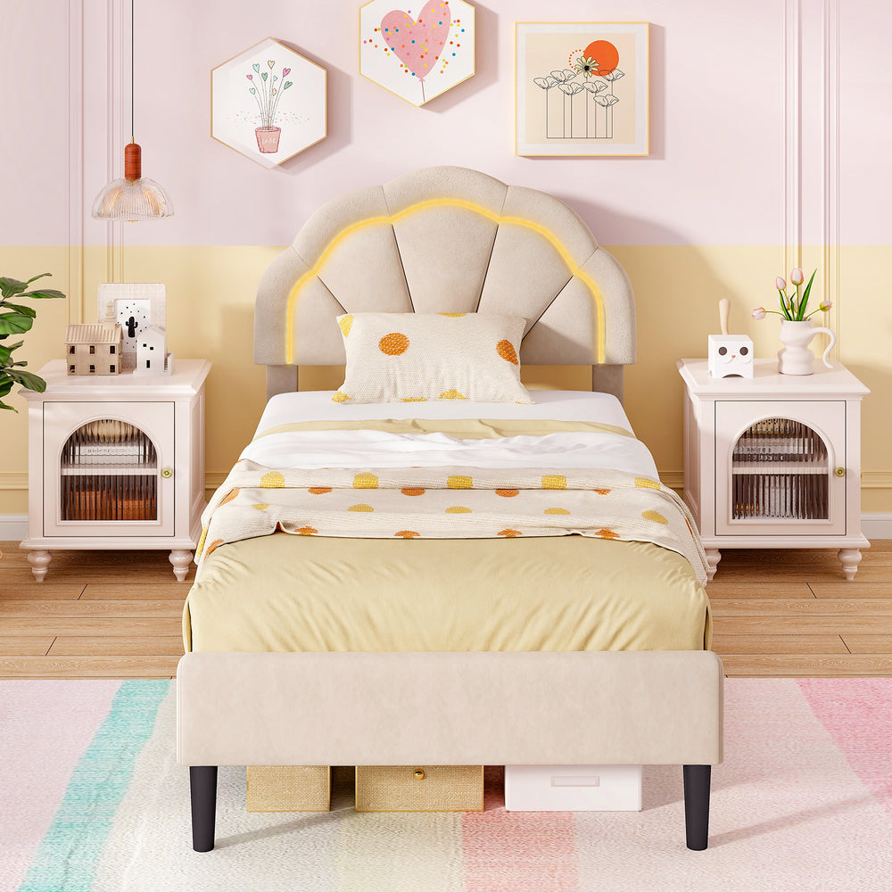 Upholstered LED twin bed frame with adjustable flower headboard and metal support feet, featuring a chic velvet design.