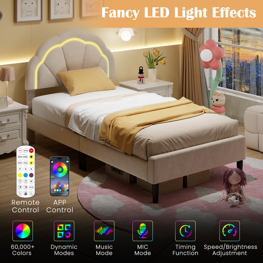 Upholstered LED bed frame with adjustable flower headboard, featuring remote-controlled color and brightness settings.