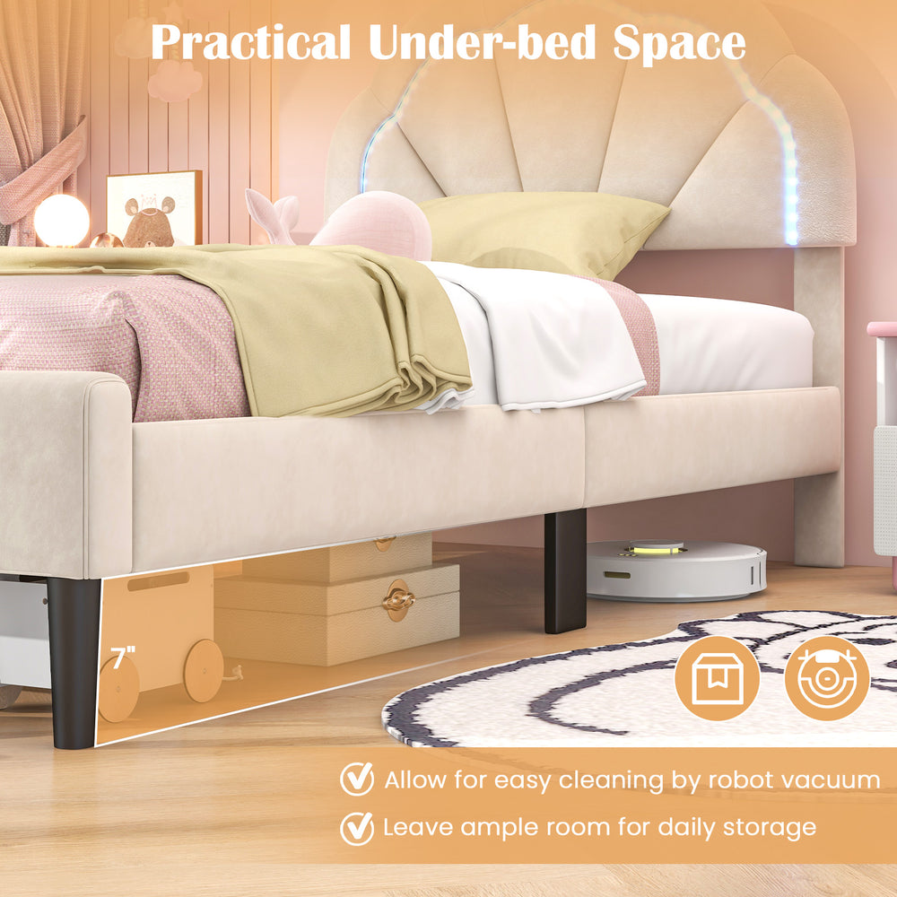 Upholstered LED bed frame with adjustable flower headboard, showcasing under-bed storage space for easy cleaning.