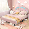 Upholstered pink LED bed frame with adjustable flower headboard, featuring soft velvet and sturdy metal support feet.