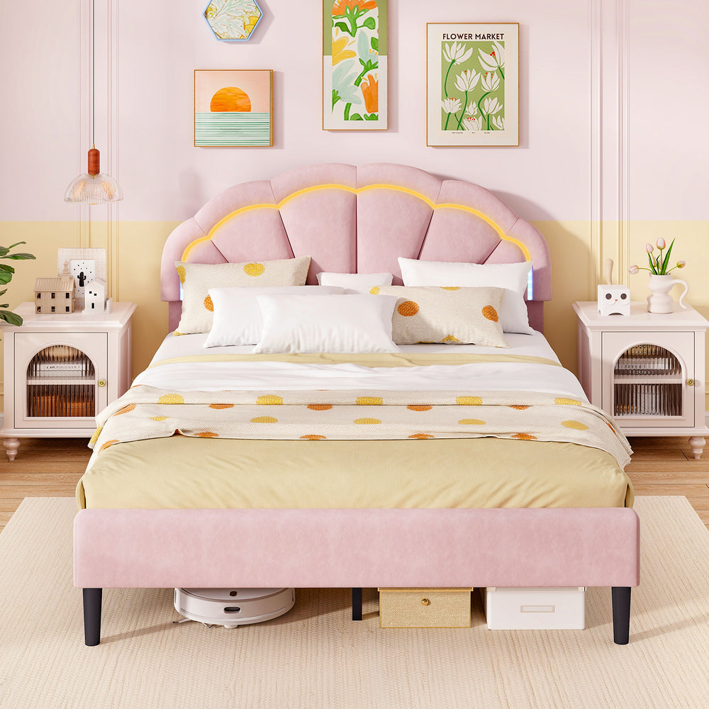 Upholstered pink LED bed frame with adjustable flower headboard, featuring solid wood legs and ample under-bed storage.