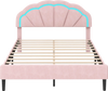 Upholstered pink LED bed frame with adjustable flower headboard and sturdy metal support feet for queen size mattress.