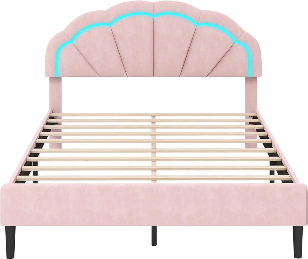 Upholstered pink LED bed frame with adjustable flower headboard and sturdy metal support feet for queen size mattress.