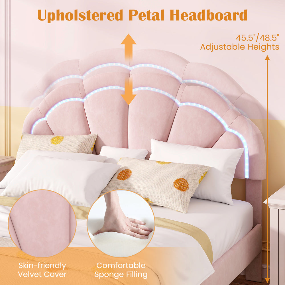 Upholstered petal headboard in pink with LED lights, adjustable height, and soft velvet for a chic bedroom ambiance.