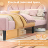 Upholstered pink LED bed frame with adjustable headboard, featuring 7" under-bed storage space for organization.