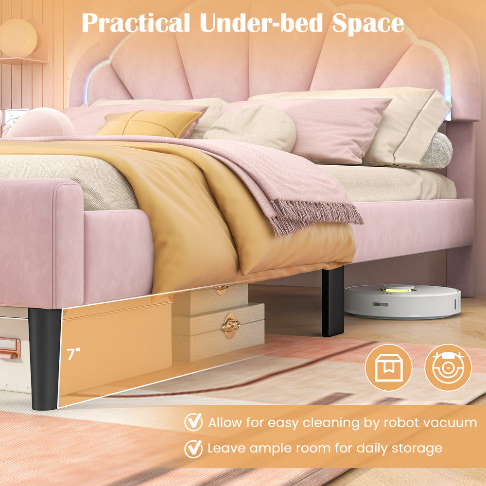 Upholstered pink LED bed frame with adjustable headboard, featuring 7" under-bed storage space for organization.