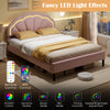 Upholstered pink LED bed frame with adjustable flower headboard, showcasing vibrant lighting and elegant design for a.