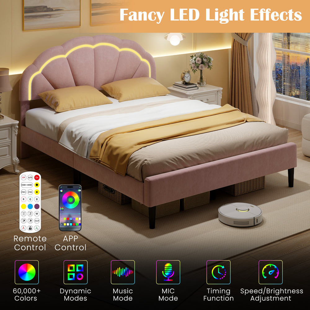 Upholstered pink LED bed frame with adjustable flower headboard, showcasing vibrant lighting and elegant design for a.