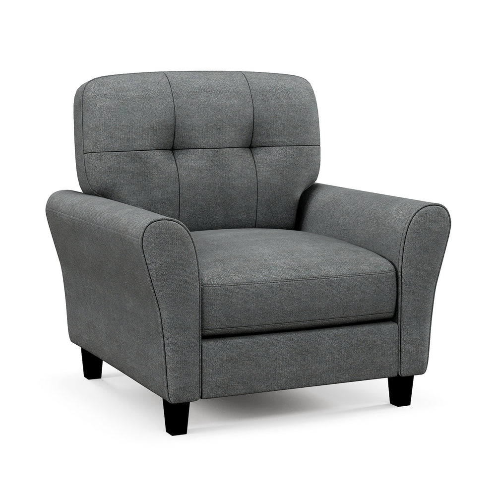 Gray modern upholstered accent chair with rubber wood legs, featuring a detachable back cushion and mid-century design.