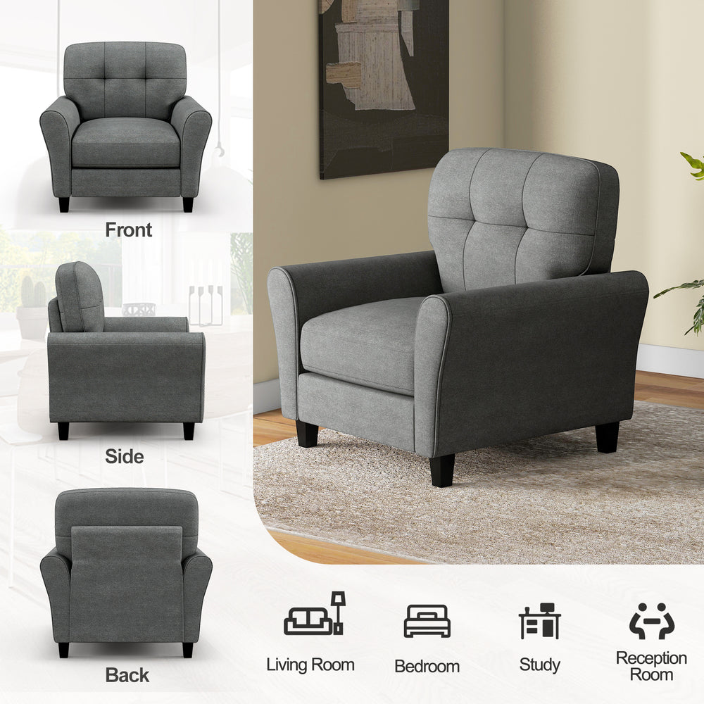Gray modern upholstered accent chair with rubber wood legs, featuring detachable back cushion, ideal for living room or.
