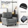 Modern gray upholstered accent chair with rubber wood legs, featuring a detachable back cushion and anti-slip foot pads.