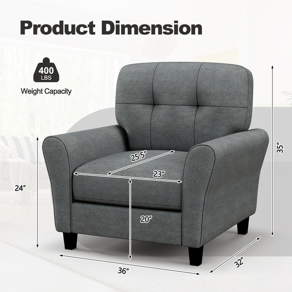 Gray modern upholstered accent chair with rubber wood legs, featuring detachable back cushion and 400 lbs weight.