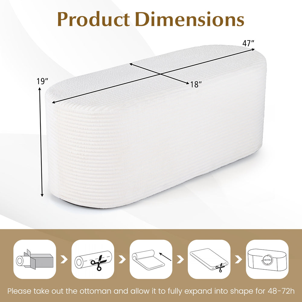 Upholstered beige ottoman bench with high-density sponge, showing dimensions of 47" x 18" x 19", ideal for living.