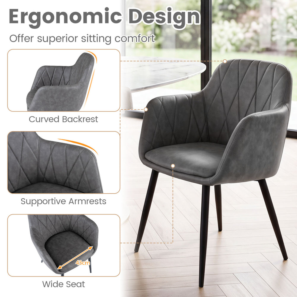 Curved back gray upholstered kitchen chair with supportive armrests and wide seat, perfect for dining and home offices.
