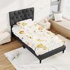 Twin size upholstered platform bed in gray with tufted headboard, featuring a playful animal print bedding for kids'.